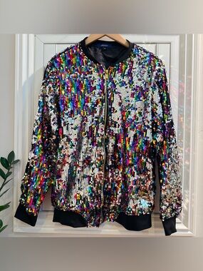Cresay Multicolor Sequin Bomber Jacket - Size Small